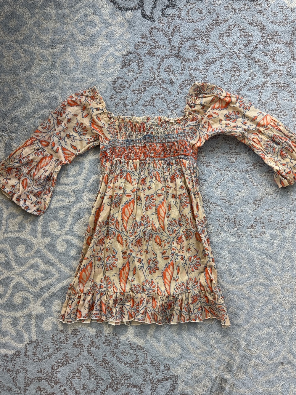 Karma Highway Cotton Gauze Floral Smocked Bell Sleeve Boho Mini Dress Large